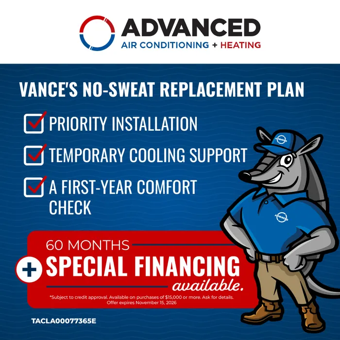 Vance's No-Sweat Replacement Plan — priority installation, temporary cooling support, a first-year comfort check, plus 60 months special financing available